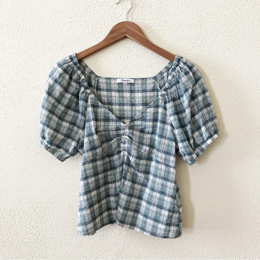 Madewell Plaid Puff-Sleeve Ruched Bodice Top S
